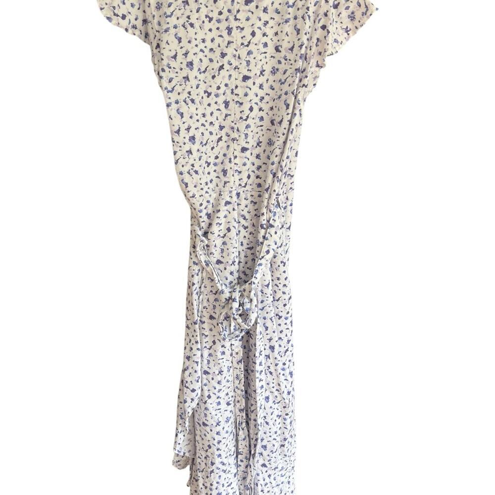 Blue Floral Wrap Midi Dress Ruffle Sleeve Cottagecore Coastal Brunch - Picture 7 of 9
